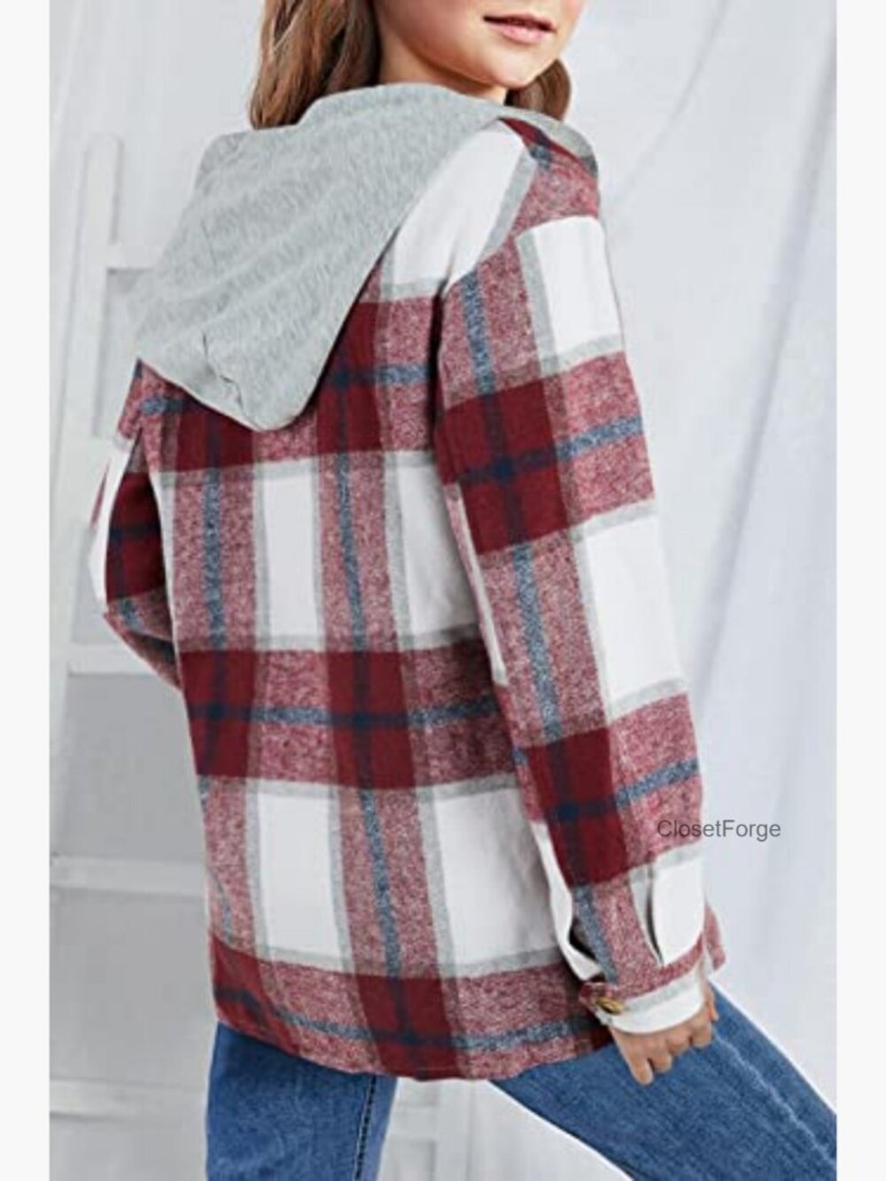 Girls Flannel Plaid Button Down Long Sleeve Hooded Jacket - Picture 3 of 7